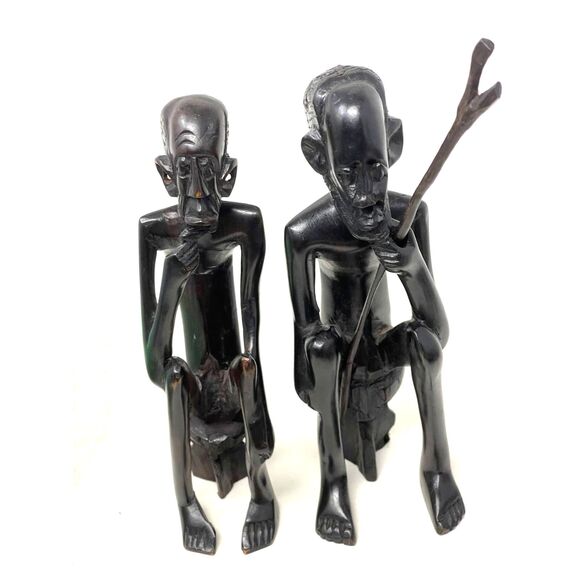 Warrior & Smoking Man Art Handmade Carved Wood Statue Figural Nude African - Picture 1 of 9
